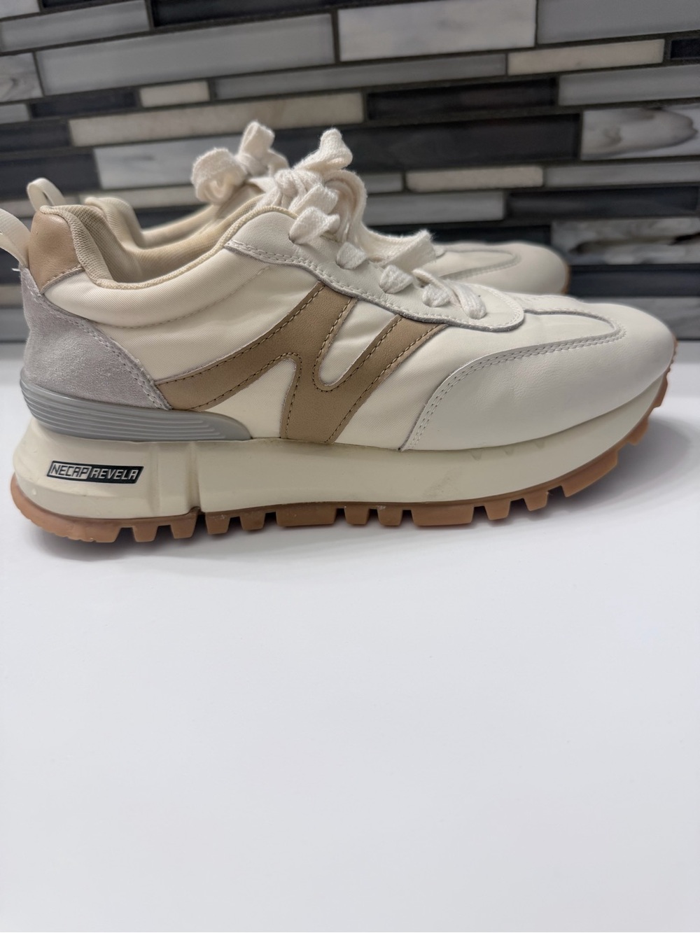 Cream & Tan Platform Sneakers with Cushioned Sole